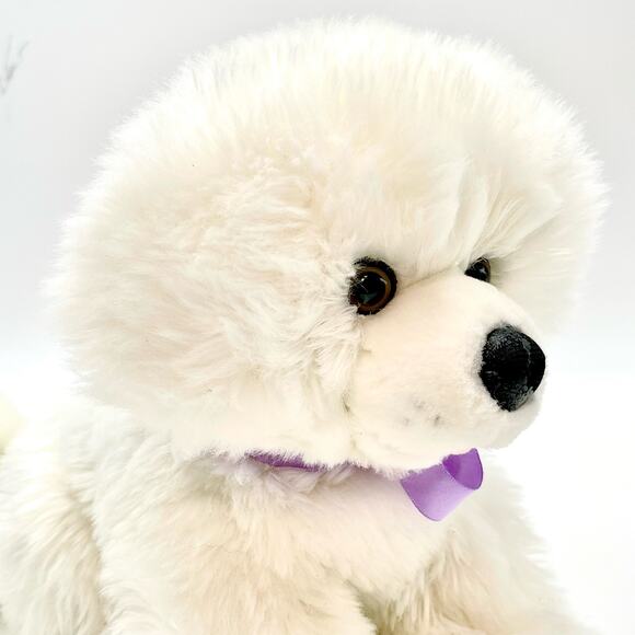 Aurora World White Fluffy Dog Plush Sitting Freckles Pink Tongue Purple Ribbon - Picture 2 of 10